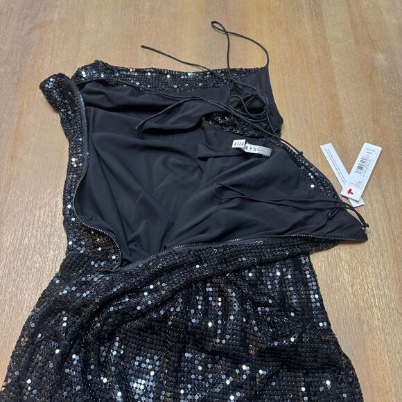 Alice + Olivia Chainmail‎ Midi Slip Dress Size 2  Asymmetric Hem Open Back Black - Picture 12 of 14